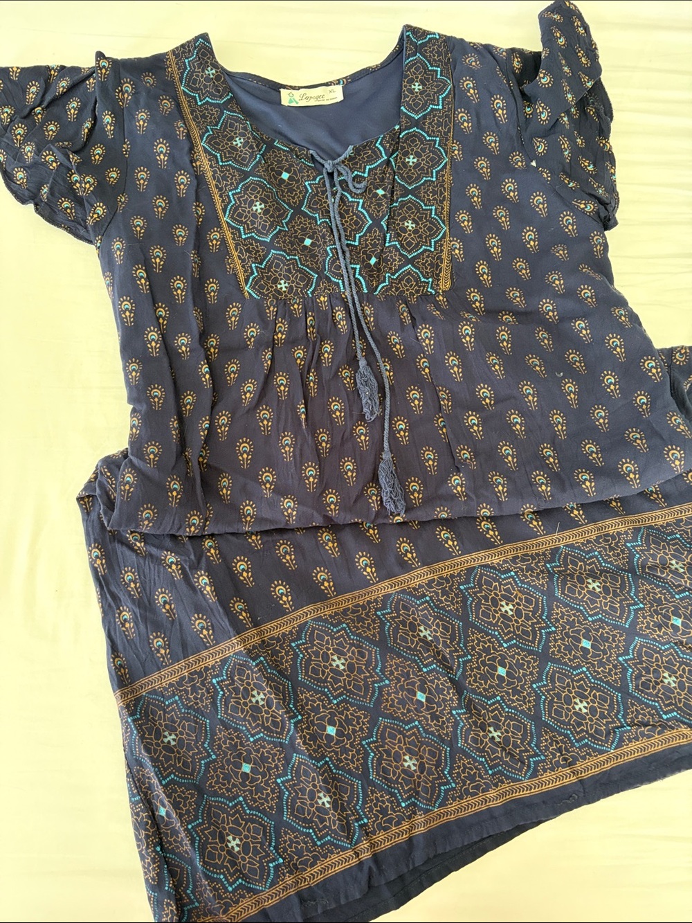 Navy Blue above the knee Dress, western style, mandala print, Gold Accents, XL